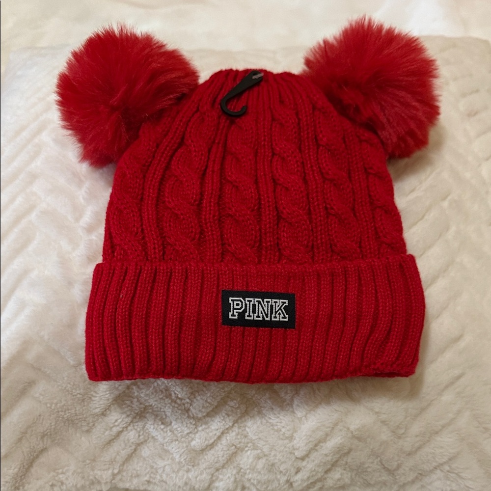 SOLD OUT- PINK Victoria's Secret Red Cable Knit Beanie, adult size. - Picture 3 of 6